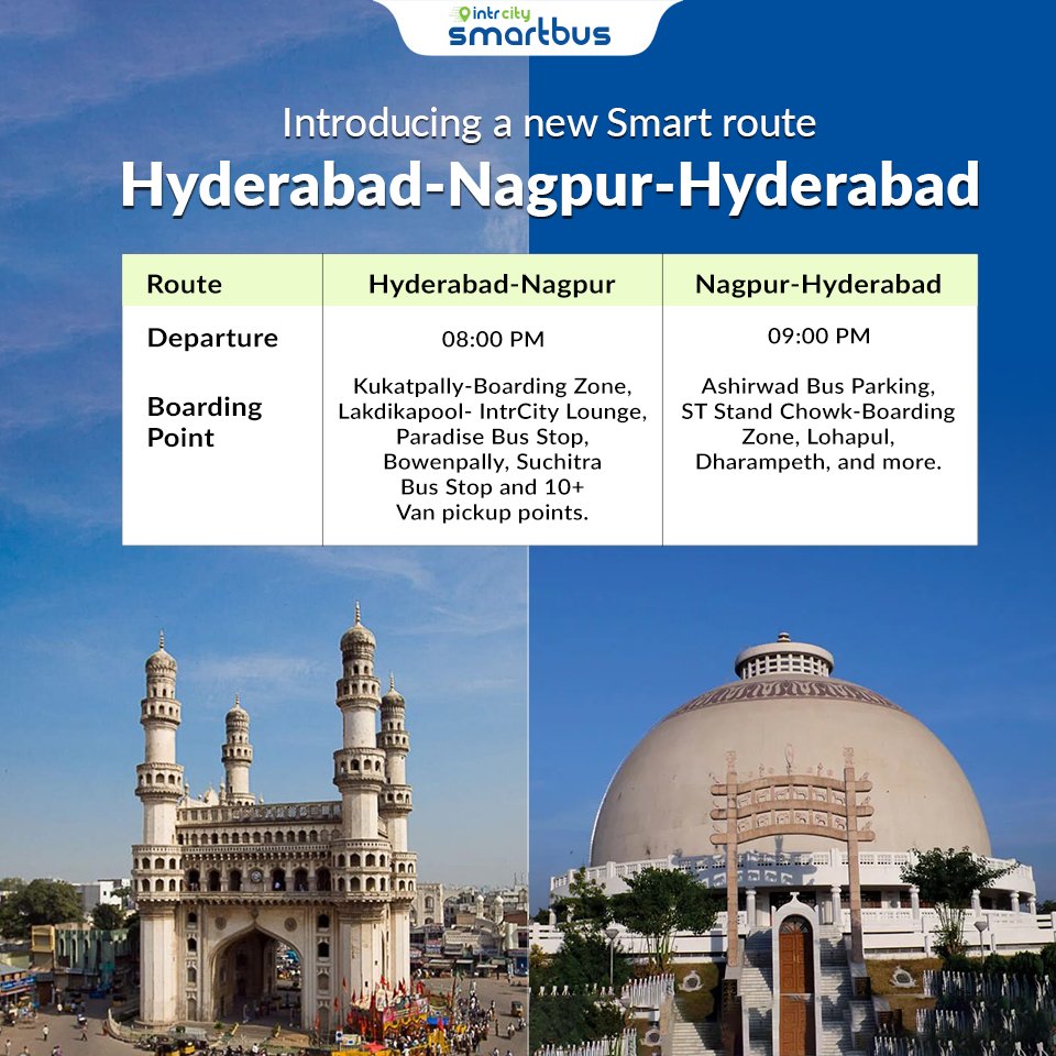 Introducing our newest route: Hyderabad-Nagpur-Hyderabad! Discover seamless travel between these vibrant cities with convenient boarding points and van pickups. #BookNow! #IntrCitySmartBus #Travel #Hyderabad #Nagpur #ComfortTravel #NewRoute #TravelExperience #TravelConvenience