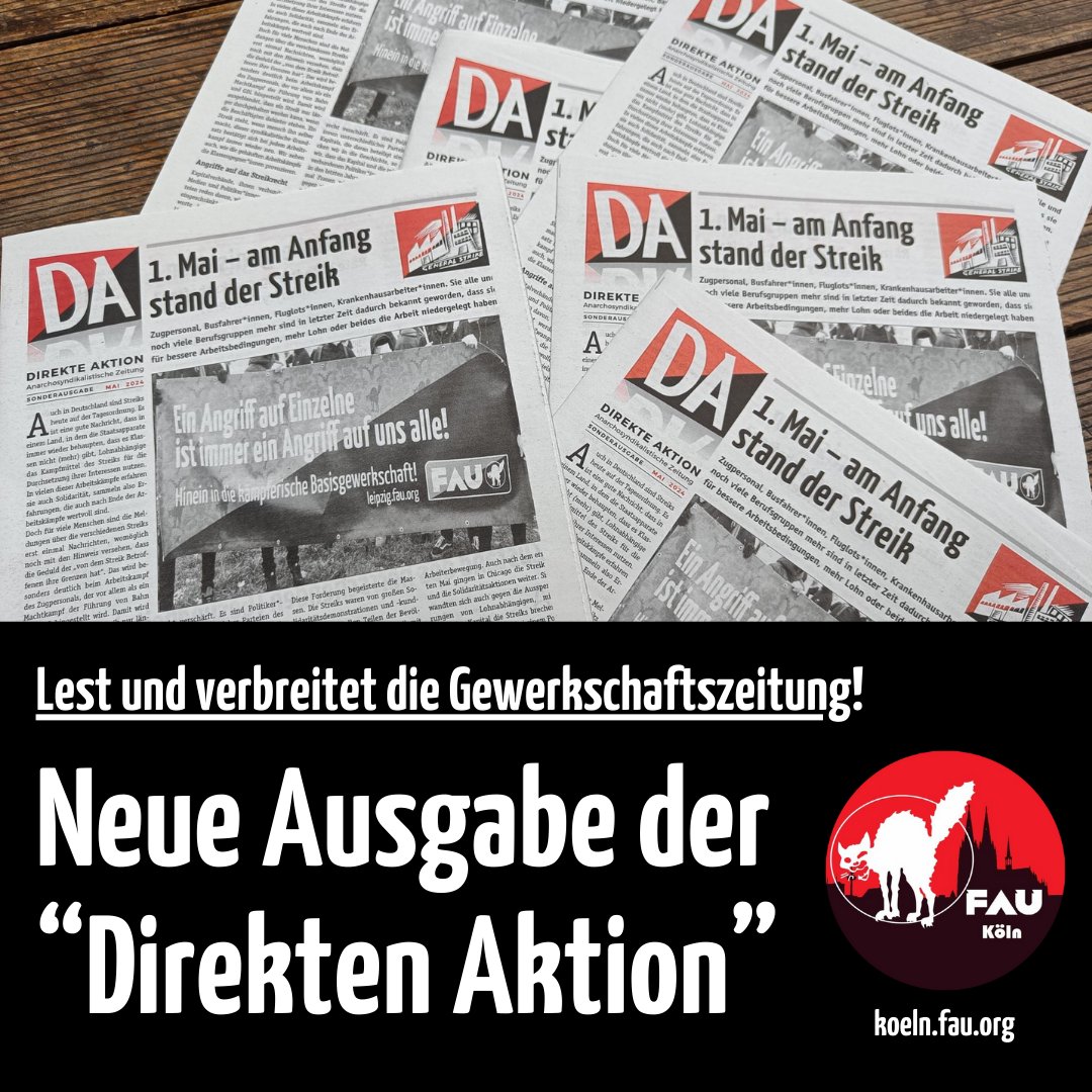 Die 'Direkte Aktion' ist unsere Zeitung. 365 Tage im Jahr findet ihr Artikel aus dem Inneren unserer Organisation und über die Welt drumherum online unter direkteaktion.org. Einmal im Jahr, immer zum 1. Mai, gibt es auch eine gedruckte Ausgabe zum Verteilen!