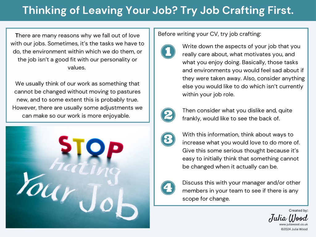 Thinking of leaving your job? Try this first 👇

If you find this interesting, sign up here to receive more 😀
tinyurl.com/3peuecey
#NHSworkforce #NHS #NHSPeoplePromise #JoyinWork