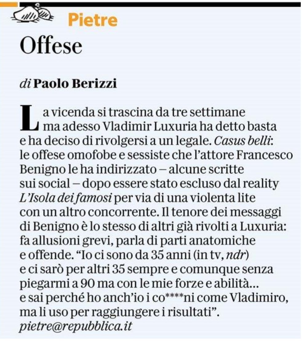 Le becere offese omofobe e sessiste contro Luxuria all'Isola dei Famosi. Il Bel Paese in tv. #Pietre @repubblica