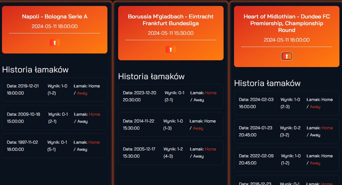 Łamaki na dziś z popularnych lig 🔥Trzy darmowe propozycje a w naszym programie sporo więcej zestawień h2h gdzie miało miejsce 1/2 i 2/1. Zapraszamy do testu: podziemnetypy.pl/programy.php