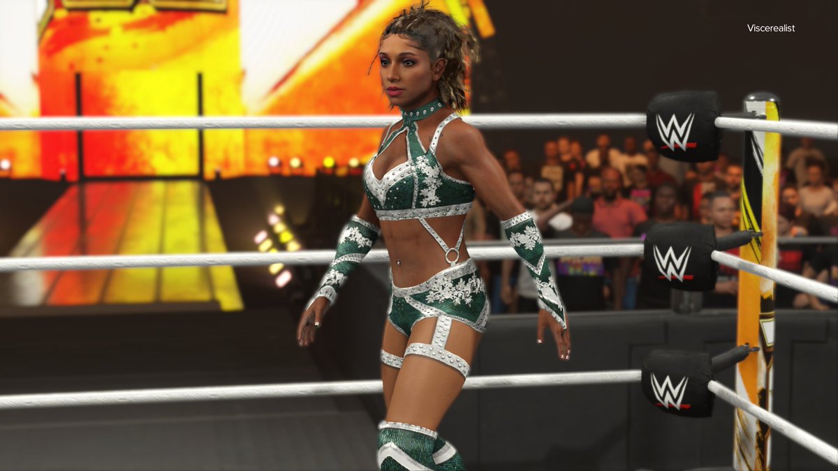 I'm obsessed with this gear made by @2kwrestling1 🤍💚 There is just enough logo space to import to my CAW if you delete the nostril shadows (which aren't really needed with her tbh) #WWE2K24 #XboxShare