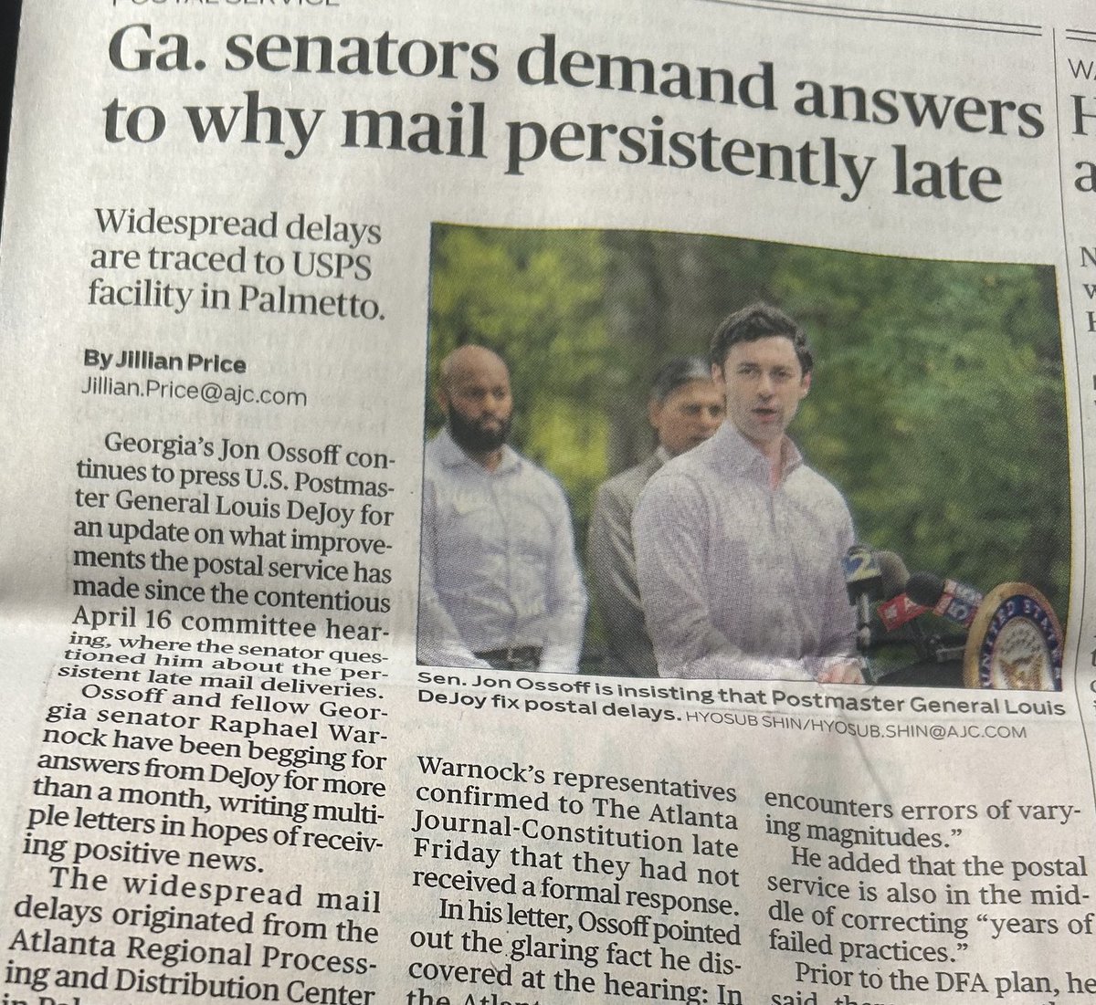 It’s been 3+ weeks since Sen. Ossoff told the USPS boss to fix mail delays in weeks. Today we’re told our senators “demand answers.” ⁦@jillian_ali⁩ reports the senators “have been begging for answers….” Makes me think of Sisyphus & that boulder.