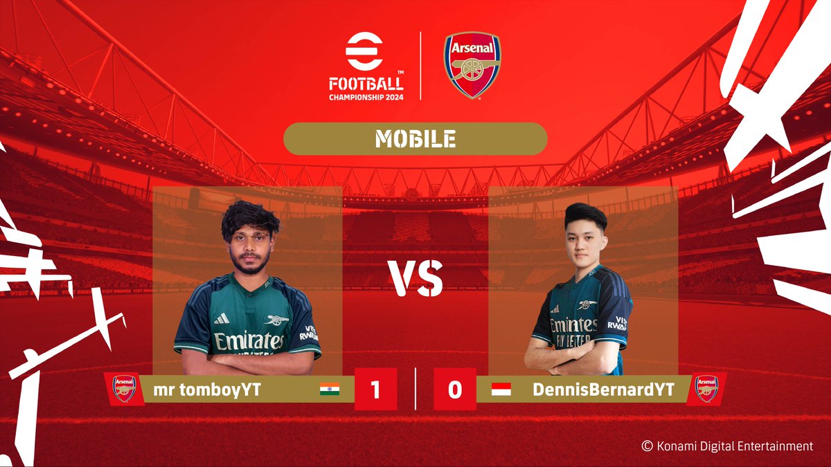 🔴 CLOSE game ⚪️ 🇮🇳 @mrtomboyyt 1 - 0 🇮🇩 #Dennisbernard30 Next up on stream, the last 🎮 group stage match 🇷🇴 @Urma431 🆚 🇩🇿 @Usmakabyle LIVE HERE 👇 📹 bit.ly/ArsenalFinals Watch the group stage finish and together let's #BeChampions ‼️ #eFootball2024 🎮 #eFootball