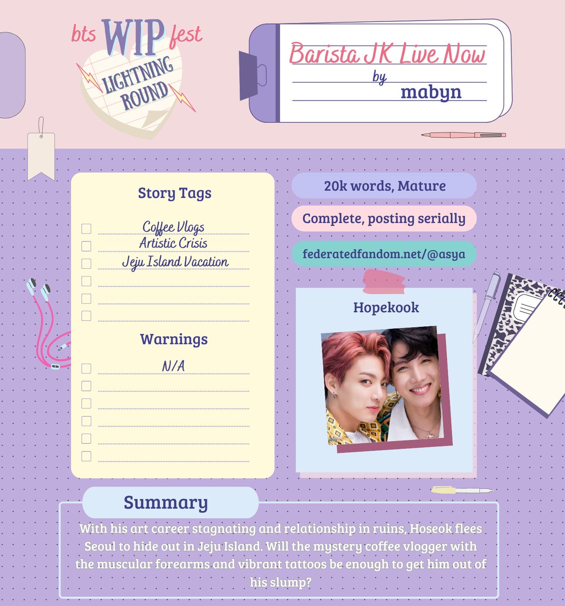 Barista JK Live Now
⚡️mabyn | federatedfandom.net/@asya
⚡️#Hopekook 
⚡️Mature 🔞
⚡️Complete - Posting serially
⚡️Coffee Vlogs, Artistic Crisis, Jeju Island Vacation

🔗archiveofourown.org/works/41466699…