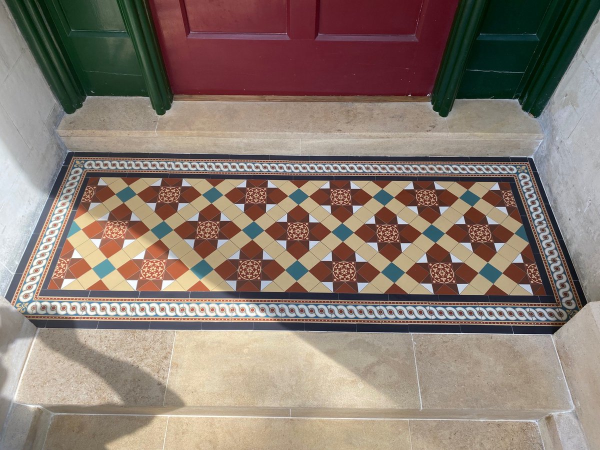 New entrance for a private client in Rugby, Stamfordstone steps and risers with set in Craven Dunnill Jackfield handmade geometric and encaustic tiles to top landing… #mosaic #mosaicrestore