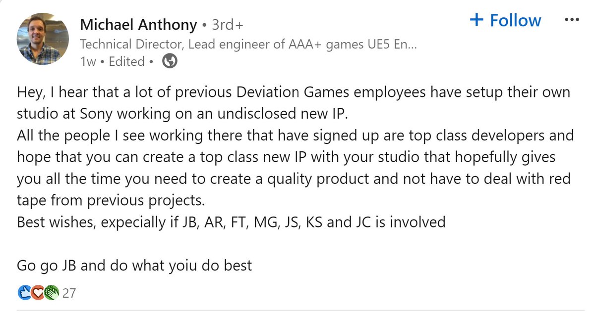 Former Deviation Games Technical Director Michael Anthony: 'Hey, I hear that a lot of previous Deviation Games employees have setup their own studio at Sony working on an undisclosed new IP.' 'All the people I see working there that have signed up are top class developers and…