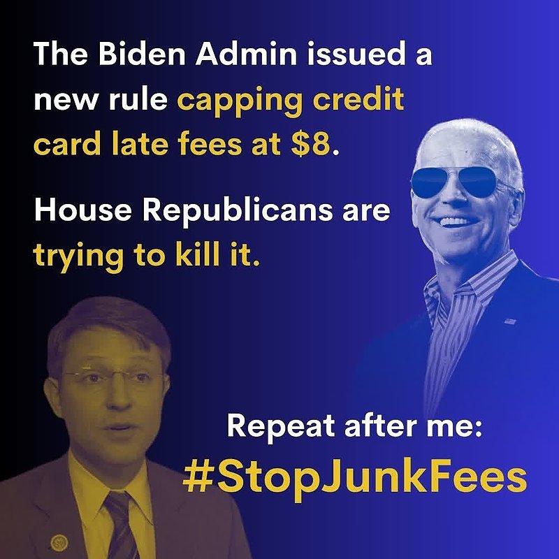 Biden's new $8 late-fee cap has greater than 80% support from voters! Americans want to #StopJunkFees.
Republicans are trying to kill this rule because their corporate lobbyists are telling them to. #BidenHarris4More