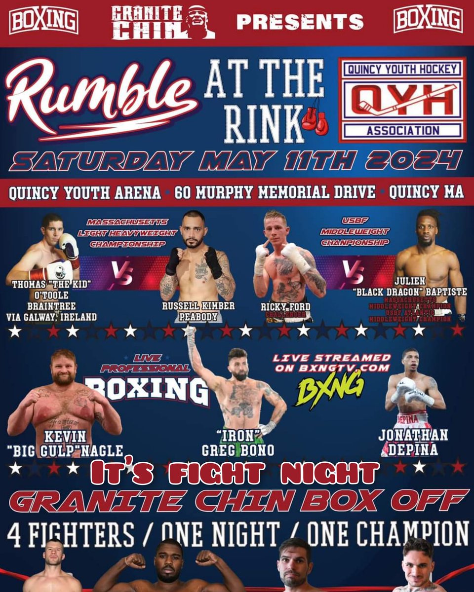 It's fight night in Massachusetts @ThomasOToole97 in fight 10 as a pro and his 2nd title fight O'Toole takes on Russ Kimber for the Massachusetts state light Heavyweight title Win number 10 is incoming