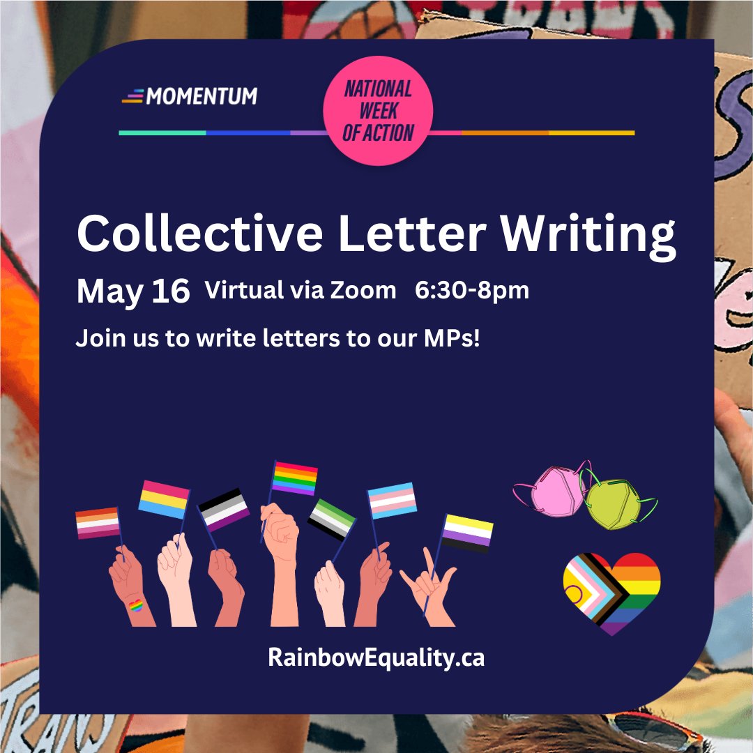 Collective Letter Writing
May 16 Virtual via Zoom 6:30-8pm
Join us to write letters to our MPs!
Register: shorturl.at/mpuvA

#AnemkiWiikwedong #ThunderBay #TBay #Momentum #RainbowEquality @QueerMomentum #TwoSpirit #Trans #Solidarity