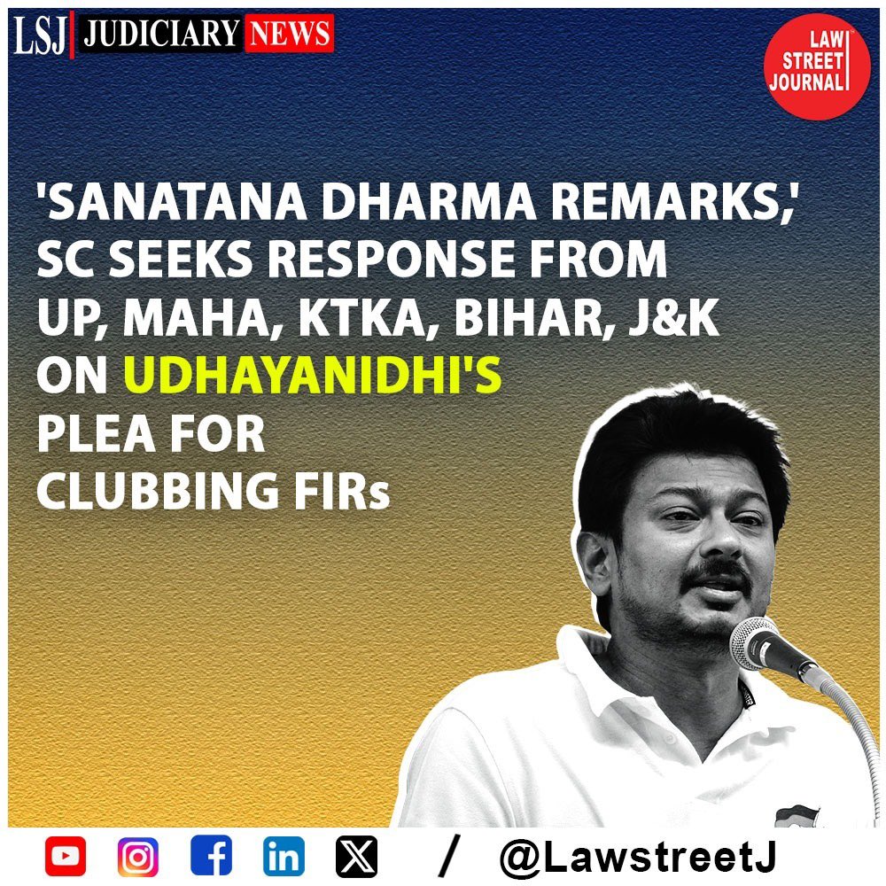 The #SupremeCourt on Friday sought a response from various state governments and complainants against Tamil Nadu Minister #UdhayanidhiStalin on his plea for clubbing multiple criminal cases registered against him for his controversial remarks on '#SanatanaDharma'.

@Udhaystalin |…