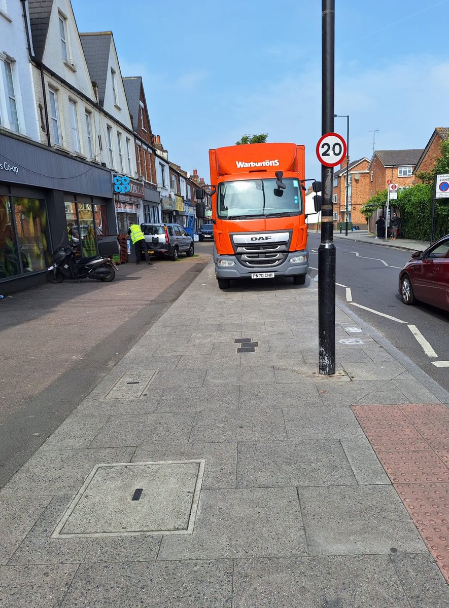 ⁦@Warburtons⁩ - Sangley Rd London SE6 11/5. New driver? Pavements are designed & built for pedestrians only, not parked vehicles of this size. Broken paving causes trip hazards. Children & older people visit these shops. Please have a care.  ⁦⁦⁦@LouiseKrupski⁩