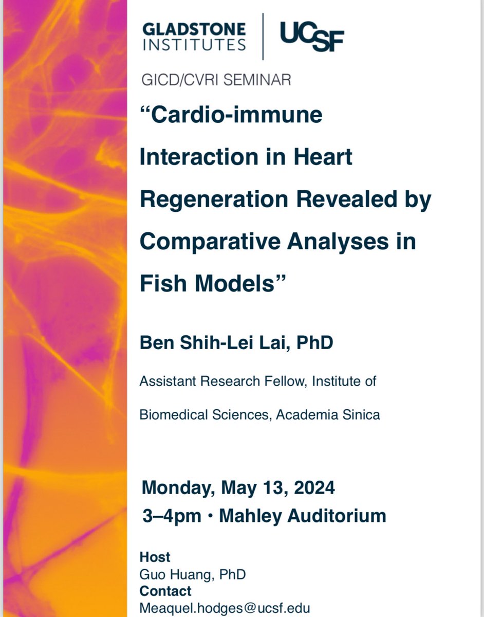Look forward to @BenLai_Taiwan’s visit and seminar next Monday @UCSF @GladstoneInst. If you are interested in cardio-immune and different 🐟, please join us. @ISRBio @ZebrafishRock @EvoDevoPanAm @AHAScience