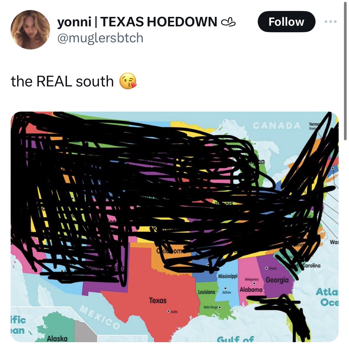 The original post is just engagement farming, but it’s objectively hilarious that Texas was included and SOUTH Carolina was left out.