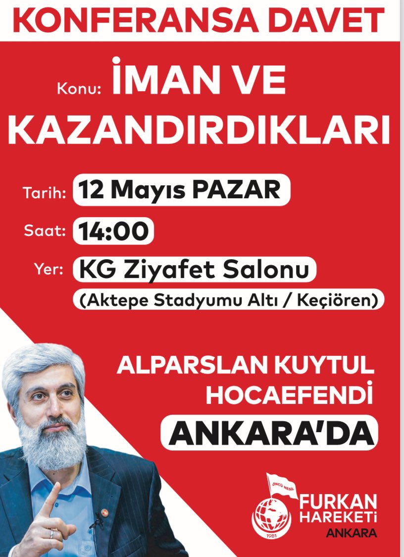 Yarın Alparslan Kuytul Hocaefendi’nin yapacağı konferans bizimle 10 yıldır uğraşan emniyetten olduğunu söyleyen karanlık birileri tarafından SALON SAHİBİ TEHDİT EDİLEREK iptal edildi. 
#AnkaraEmniyeti
@AnkaraValiligi 
@vasipsahin
@AliYerlikaya

İptal edenler size söylüyorum!
BU…