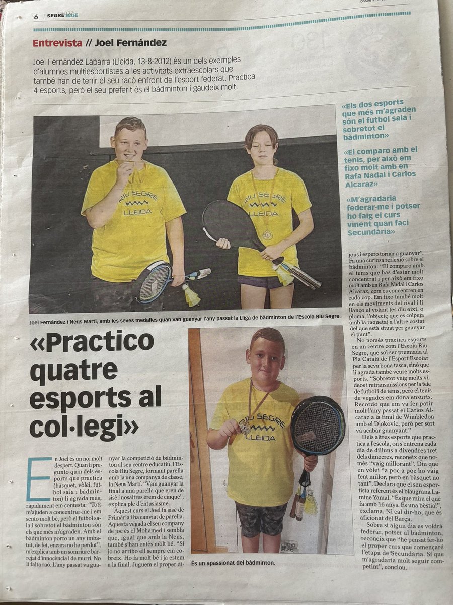 Avui, el Joel és protagonista al suplement “Esport Base”, al <a href="/SEGREcom/">SEGRE</a> 
Moltes gràcies a <a href="/XaviMadrona/">Xavi Madrona</a> per visibilitzar l’esport escolar, que és el lloc ideal per fomentar la pràctica d’activitat física.
#PCEE
<a href="/esports_lleida/">Esports Lleida</a> <a href="/esportcat/">Esports</a>