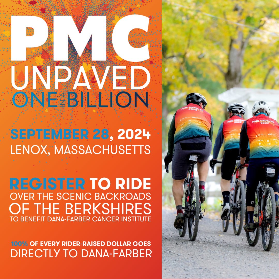 On September 28, 2024, #PMCUnpaved will return for its third year! Be #OneInABillion, commit, and register to ride 30 or 50 miles over the scenic backroads of the Berkshires in the 2024 PMC Unpaved! Register here! bit.ly/4afRUdQ