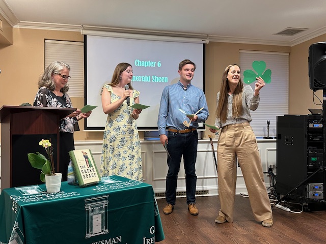 Some shamrock action by Dr. Sarah Waidler, aided by Brennan and Hannah, as we performed a scene from a 1932 American children's play about St. Patrick's Day at Thursday's launch of The Green Space! It was a great night. @GIHNYU was filled with love; thanks everyone!