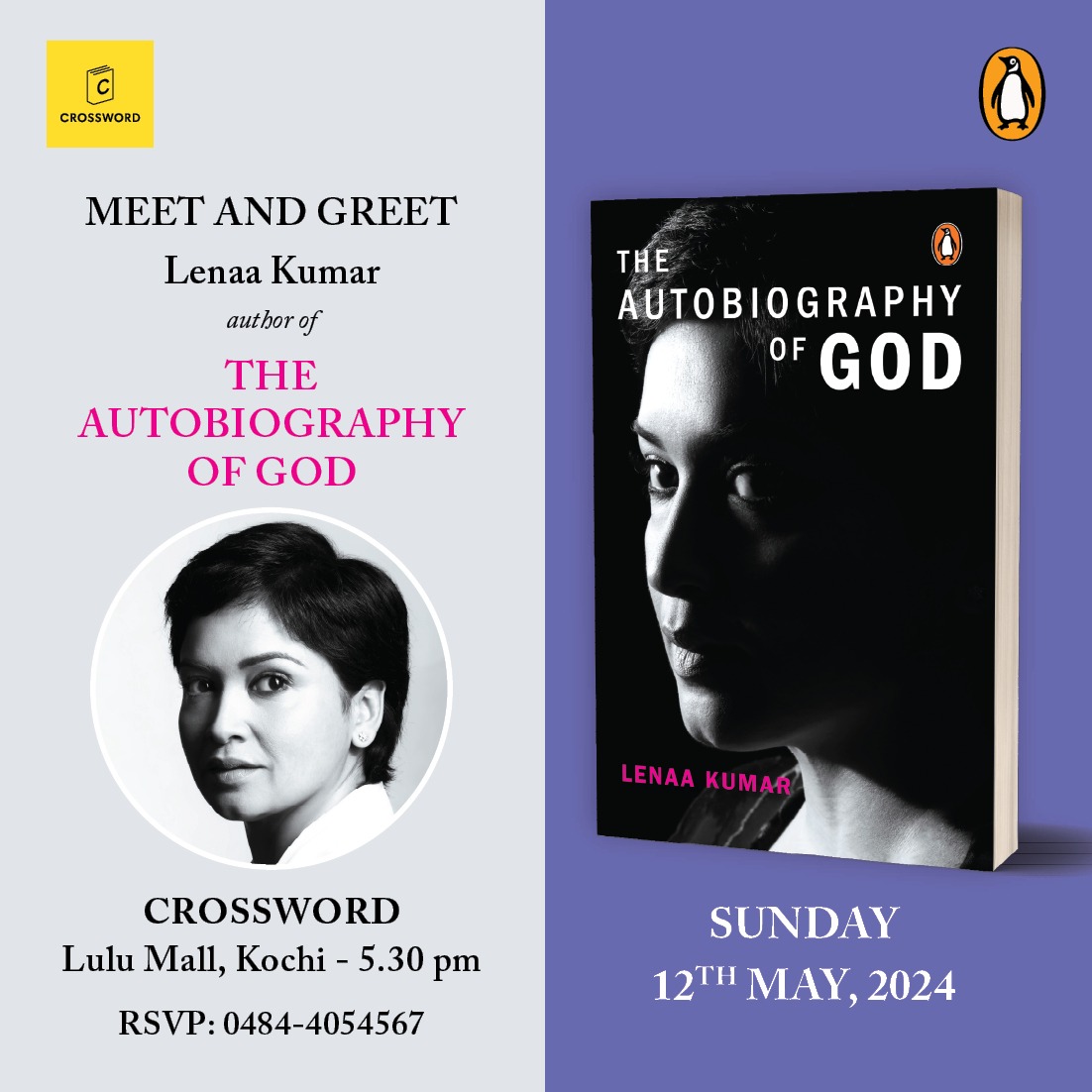 Meet and Greet Lenaa Kumar, author of The Autobiography of God- tomorrow on 12th, May Sunday- 5.30 pm at Crossword Lulu Mall...Kochi.