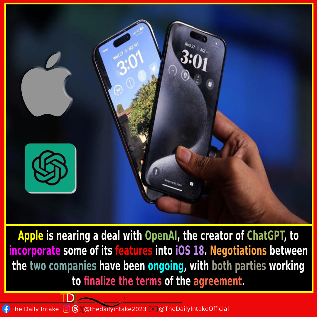Get ready for a smarter #iPhone experience! 📱✨ Exciting talks between #Apple and #OpenAI could bring cutting-edge features to #iOS18. 
#ios18 #ChatGPT #Smartphone #Innovations #TechNews #TechnologyNews #AppleUpdate #TheDailyIntake