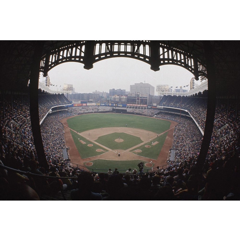 A wide view of Yankee Stadium during Game 2 of a doubleheader between the New York Yankees and Detroit Tigers. Bronx, New York. June 24, 1973. #NeilLeifer #Baseball #Yankees #NewYork #DetroitTigers #photography