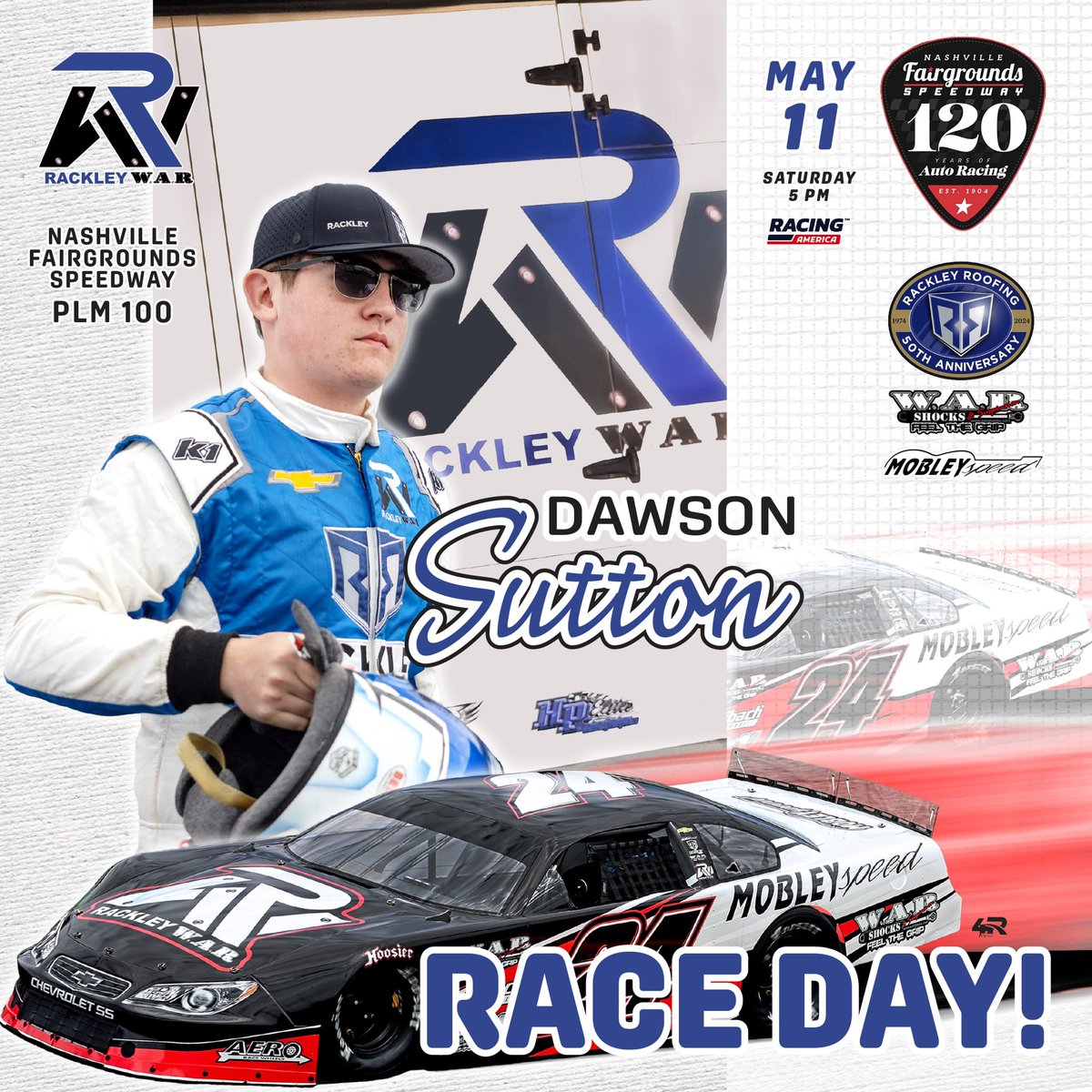 Rackley_WAR's tweet photo. Guess what!!?? It’s RACE DAY once again!
@dawsonsutton26 and #JonathanKnee are back in the #RackleyWAR Pro Late Models at @RaceFairgrounds! A big day of racing ahead in #MusicCity! 🎸 🏁
#MobleySpeed | #RackleyWAR | #RackleyRoofing https://t.co/CwnHLJ1xdh