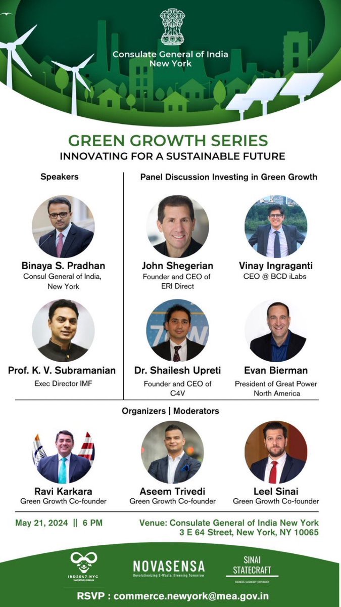 Join us for the #GreenGrowthSeries Kick-off! Hear from sustainability leaders & network with industry professionals. Invest in a greener future! at the Consulate General of India, New York on May 21, 2024 || 6 PM 𝗥𝗦𝗩𝗣: lnkd.in/eCbTXSib @BoyanSlat @AfrozShah1