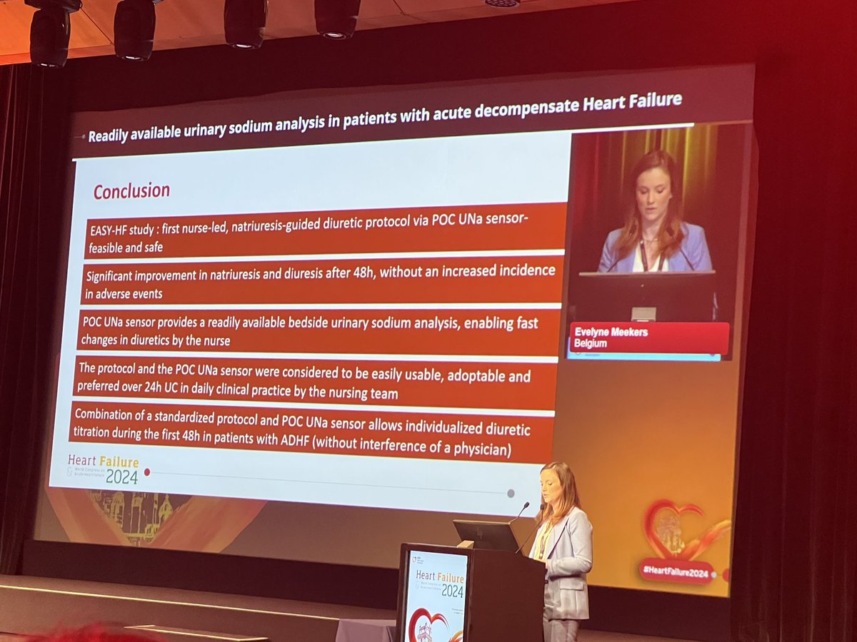 slumberbell's tweet photo. Excellent presentation by @EvelyneMeekers on #EASYHF:

📍1st nurse led, natriuresis guided diuretic protocol using POC UNa sensor
📍significant ⬆️in Natriuresis&amp;diuresis after 48h
📍easy&amp;practical to use by nursing team
📍allow personalised diuretics titration

#HeartFailure2024 https://t.co/JN5LkEU91f