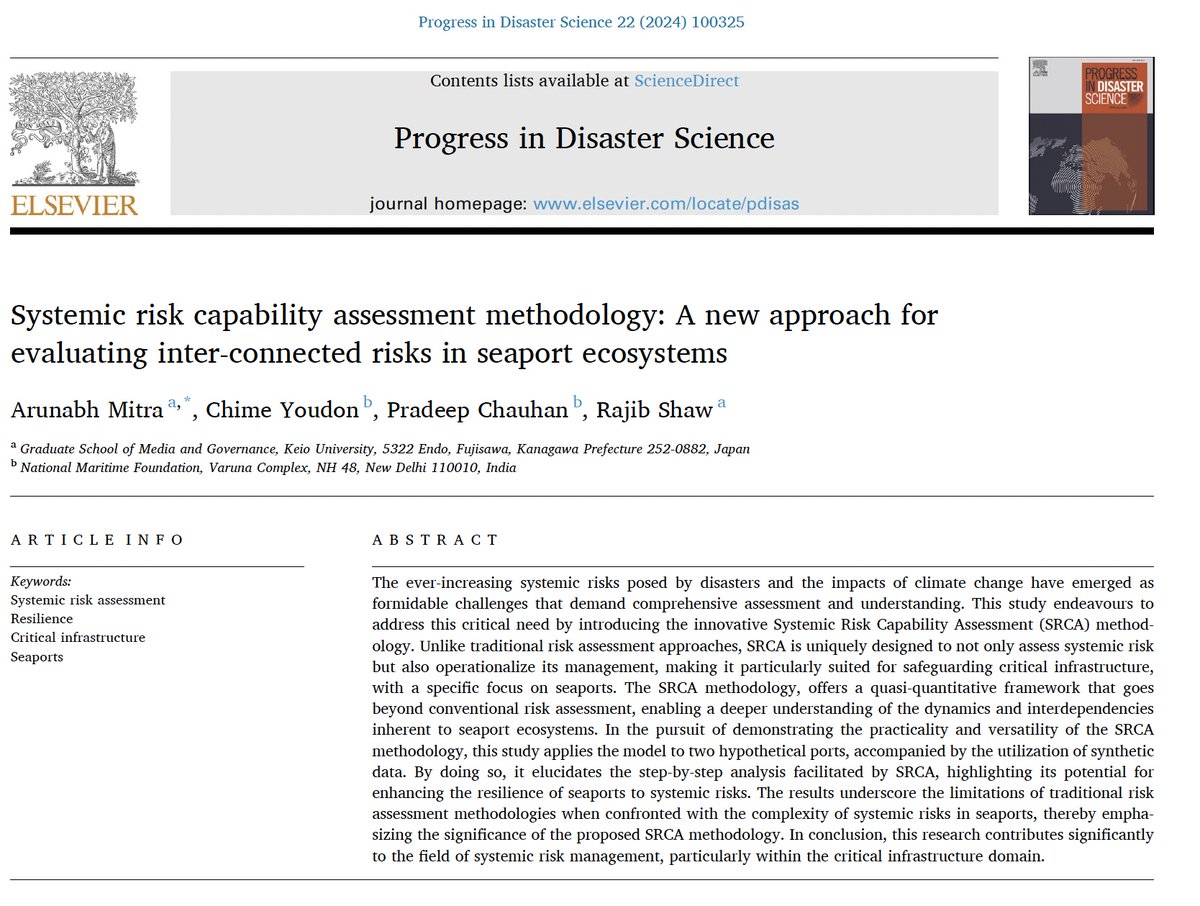 New paper: 'Systemic risk capability assessment methodology: A new approach for evaluating inter-connected risks in seaport ecosystems'
First attempt to assess systemic risk
sciencedirect.com/science/articl… 
@UNDRR @UNDRR_AsiaPac @HeadUNDRR @nmfindia @cdri_world @ndmaindia @nidmmhaindia