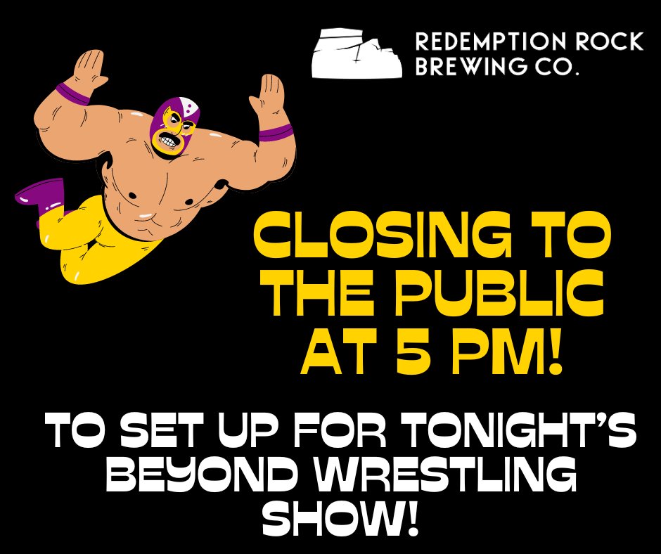 Hey folks - we're closing the taproom to the public at 5 pm to set up for tonight's @beyondwrestling show! A limited amount of tix are left, so get yours RIGHT NOW at eventbrite.com/e/redemption-r… And if you're not coming to the show, come hang out before 5 pm for beers and BBQ!