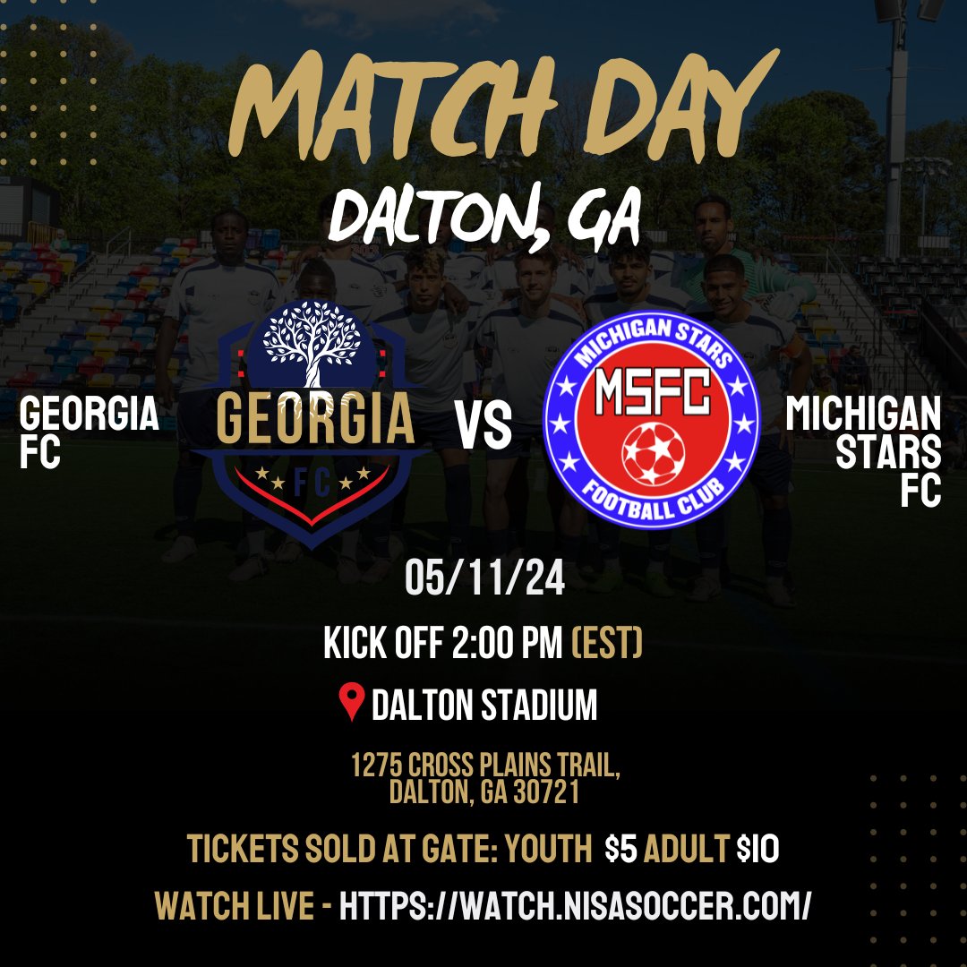 ⚽ Today's the day, Dalton! 

Get ready as GeorgiaFC takes on Michigan Stars FC at Dalton Stadium! 🌟🏟️

Experience the thrill of professional soccer in your city. 

This is your chance to be part of a memorable afternoon, cheering alongside fellow fans in Dalton, GA. 🎉🙌