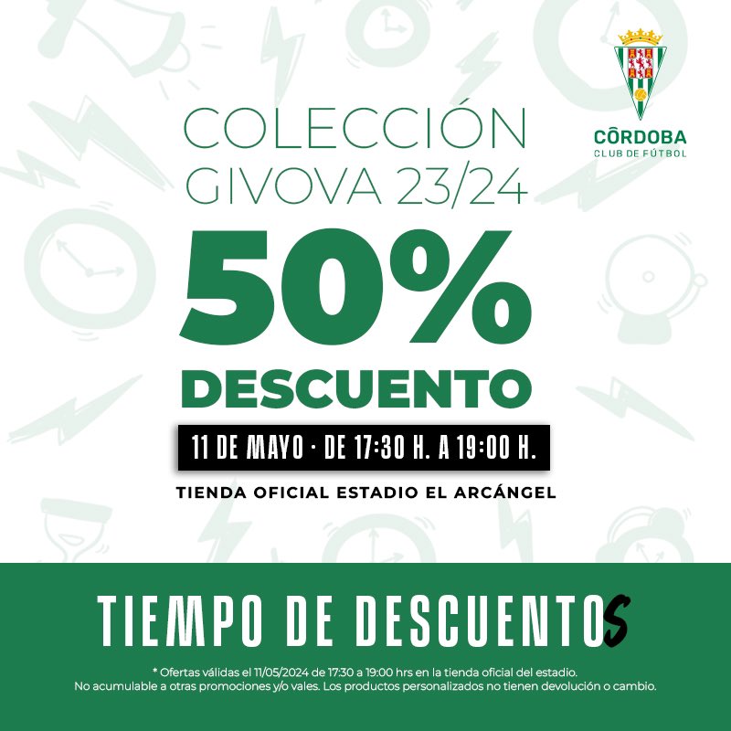 🔛 La #TiendaCCF estadio🏟️ estará abierta a partir de las 17:30 h. ‼️ Recuerda que sólo hoy y por tiempo limitado tenemos 5️⃣0️⃣ % de descuento en la colección Givova 23/24. 💚 #CórdobaCF