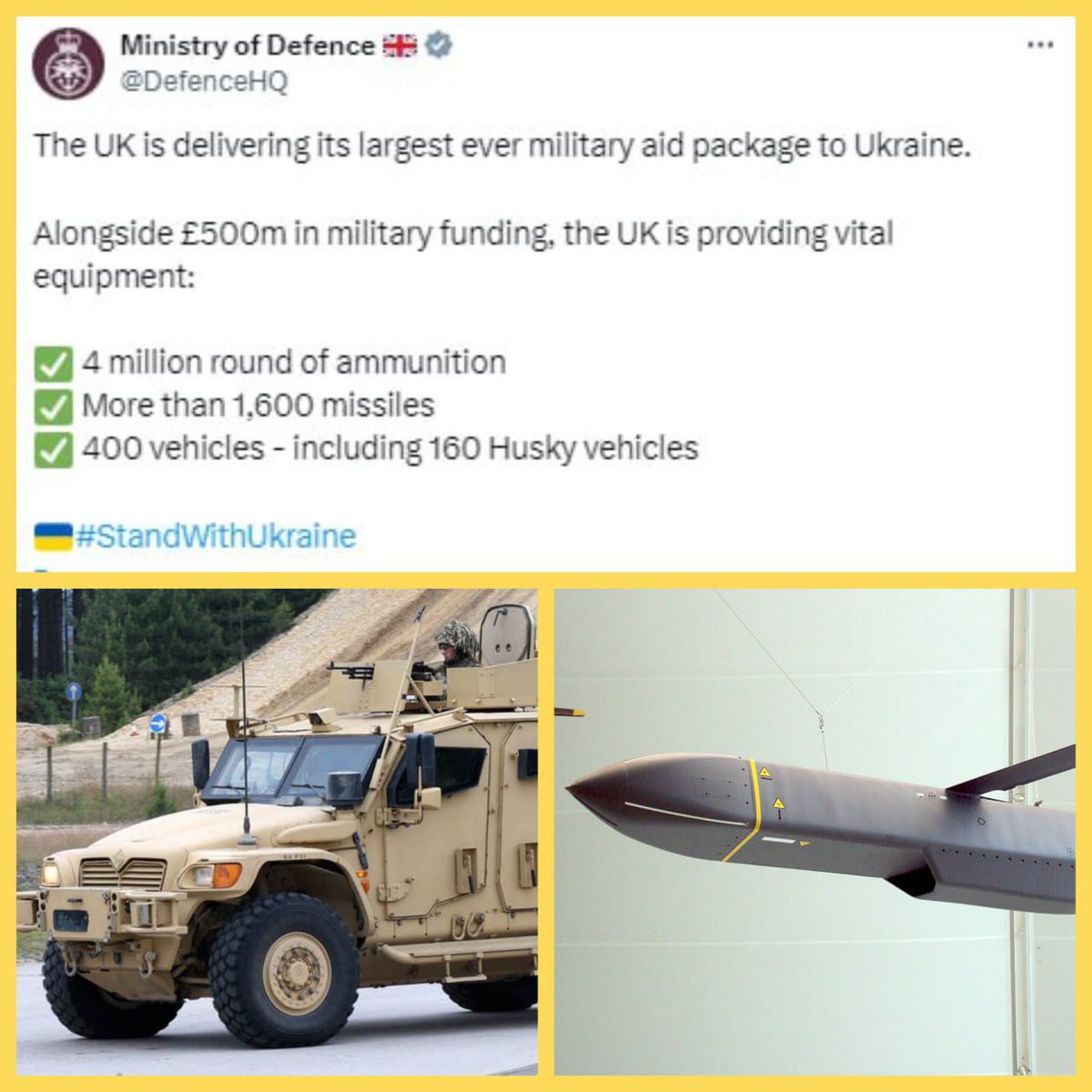 ⚡️The largest package of military aid in history is handed over to 🇺🇦Ukraine by 🇬🇧Great Britain, - the Ministry of Defense. A £500m military package which will include: ▪️4 million cartridges; ▪️Over 1,600 (!) missiles; ▪️400 vehicles, including Husky armored vehicles.