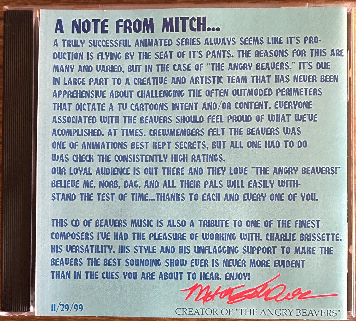 bfredmuggs's tweet photo. The animation quality of ANGRY BEAVERS (1999) is possibly some of the highest produced during my time at Nick. Mitch Schauer’s attention to technical detail was singular. The result was production delays - but ultimately a beautiful show. Quality takes time, but sometimes TV can’t wait. Then it’s “gone” - Here’s a custom cd of the soundtrack by composer Charlie Brissette.