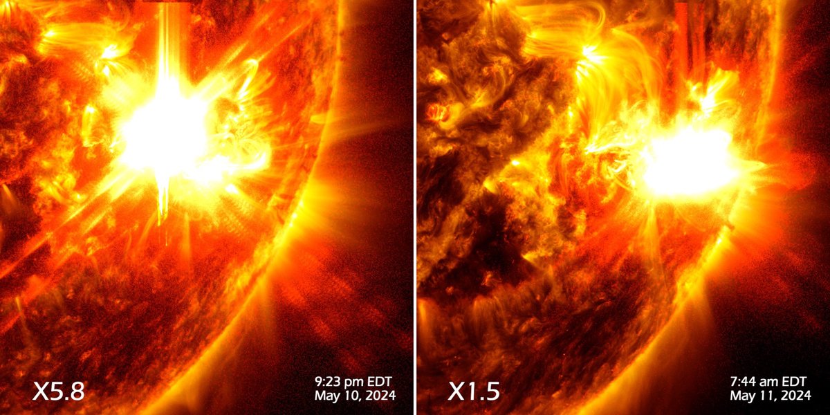 The Sun emitted two strong solar flares on May 10-11, 2024, peaking at 9:23 p.m. EDT on May 10, and 7:44 a.m. EDT on May 11. NASA’s Solar Dynamics Observatory captured images of the events, which were classified as X5.8 and X1.5-class flares. go.nasa.gov/3yju2sA