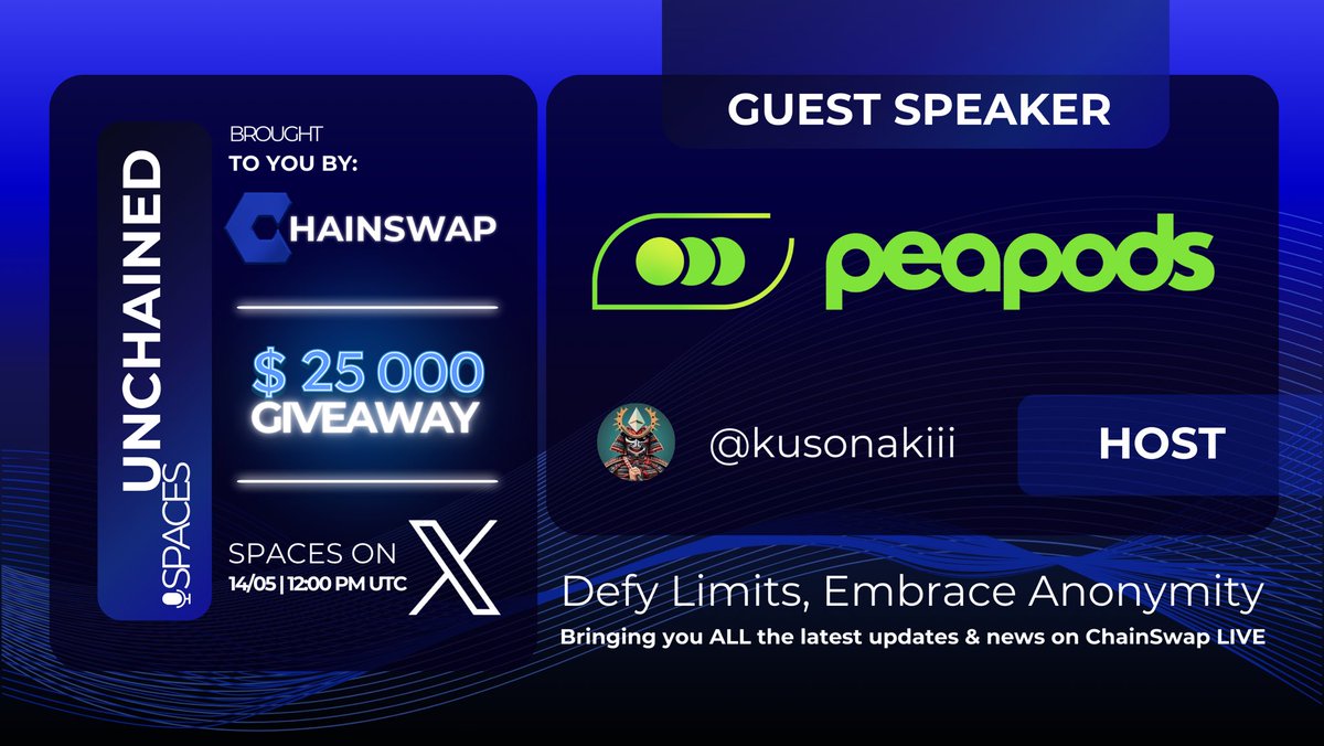 Attention Marines!

🔗UnChained: ChainSwap Spaces - Episode 6!  

🎙Brought to you by our host: @Kusonakiii

🗓Save the Date: Tuesday, May 14th, at 12:00 PM UTC! This is an early one to accommodate all of our friends from down under! 

🎤Special Guest: <a href="/PeapodsFinance/">Peapods Finance</a> 

As always