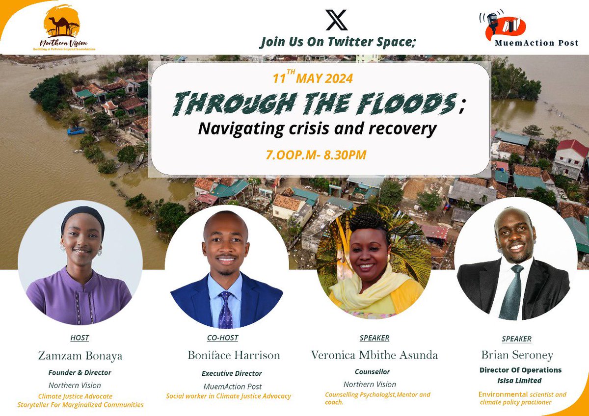 How do we cope with the devastating impact of floods ?Join our hosts,@BonayaZamzam and  @WaHarrisonB and our speakers @koechseroney and Counsellor Ms.Veronica . Mental health is essential in navigating challenges posed by climate crisis and building resilience
#FloodsRecovery