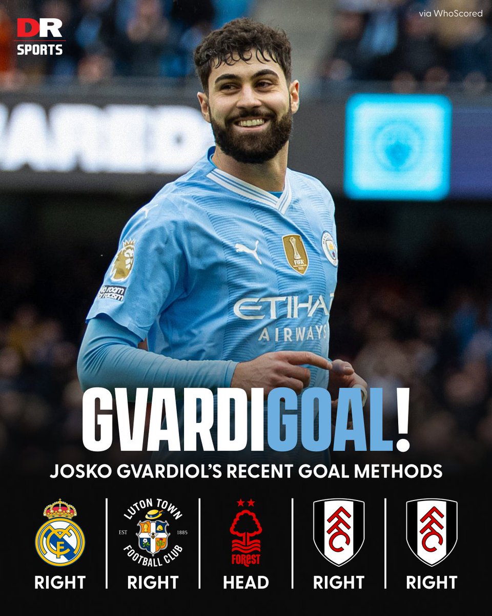 5 goals in 7 games for Josko Gvardiol... and none with his preferred left foot! 🤯 #FULMCI #ManCity #MCFC #PL