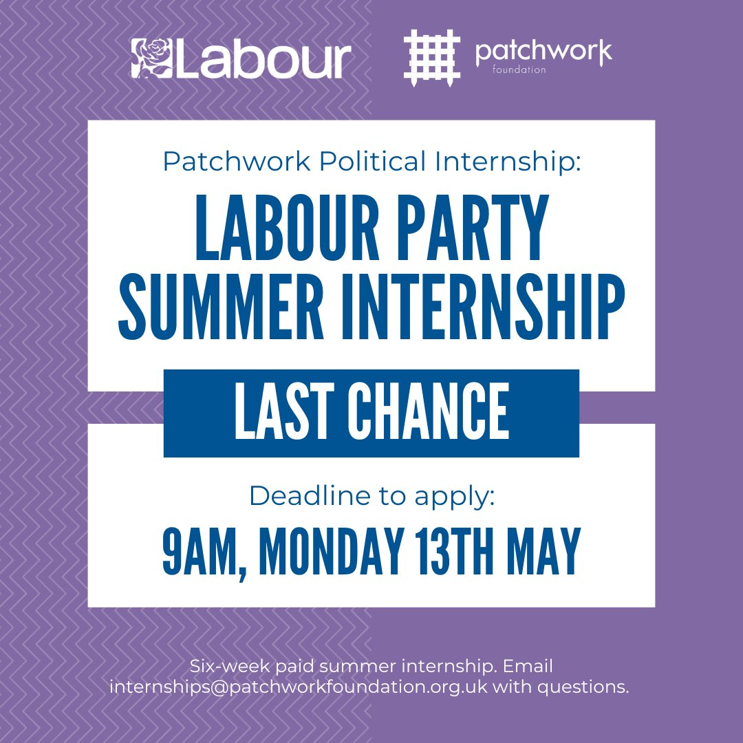 Spend 6 weeks this summer developing the skills to transform your future! We're looking for people aged 18+ from across the UK for our summer diversity internship with @UKLabour where you'll gain a vital array of skills for a career in politics. Apply now: patchworkfoundation.org.uk/our-work/inter…