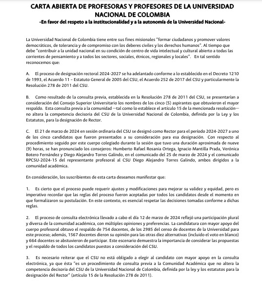 #EDUCACIÓN Más de 600 profesores de la @UNALOficial firmaron carta en la que reconocen a José Ismael Peña como rector de la institución. 'El CSU no está obligado a elegir al candidato con mayor apoyo en la consulta electrónica', dice el documento. @Danivalencia9 @CaracolRadio