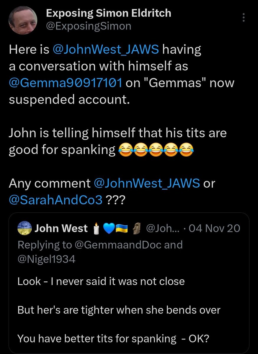 Big bad brave @JohnWest_JAWS also known as @sarahandco3 and @Gemma90917101 has gone from threatening to report me and dox me to going onto private in the space of 24 hours. I think this was the problem.