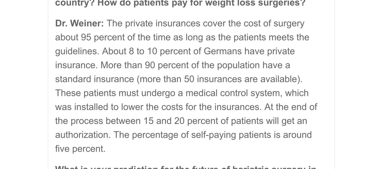 @ConscienHealth And one aspect of the German healthcare for obesity and who gets what? Bariatric surgery covered 95% with private insurance, 15- 20% with public insurance… Ref: bariatrictimes.com/the-state-of-o…