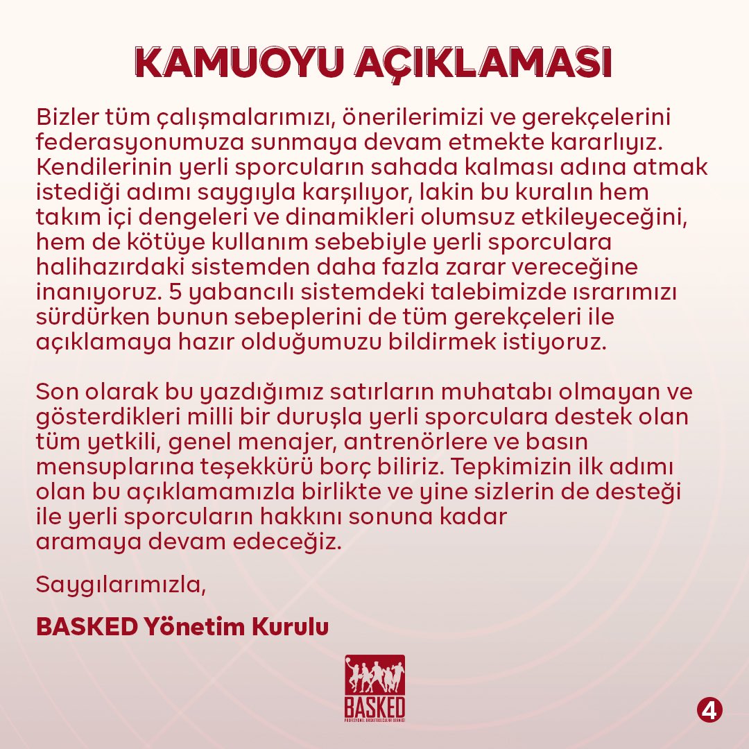 Dün gerçekleştirilen BSL Lig kurulu toplantısında birçok kulübün talebi doğrultusunda ülkemiz basketbolunun menfaatlerine aykırı bir şekilde alınmış "Yabancı oyuncu sınırının 7'ye çıkarılması" kararının ardından zorunluluk haline gelen açıklamamızı kamuoyunun takdirine sunarız.