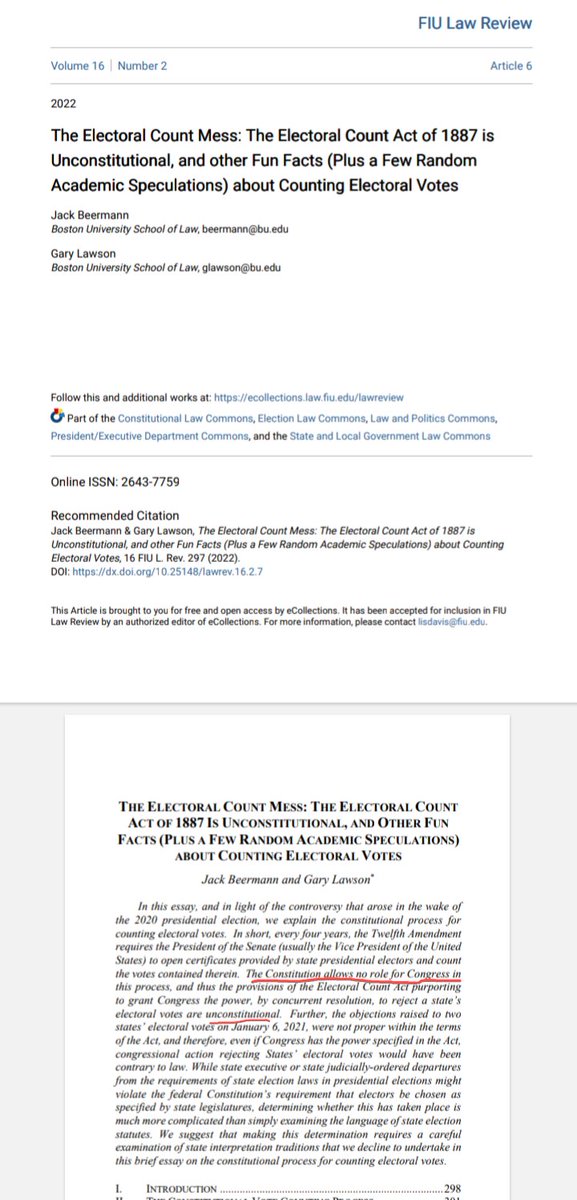 2/2 See the attached FIU Law Rev👇article: ecollections.law.fiu.edu/lawreview/vol1… Also see 'Is The Electoral Count Act Unconstitutional?' 80 N.C. L.Rev. 1653 (2002) by Vasan Kesavan. Because ECA is unconstitutional, DOJ should prosecute Nancy Pelosi for obstruction of an official proceeding: