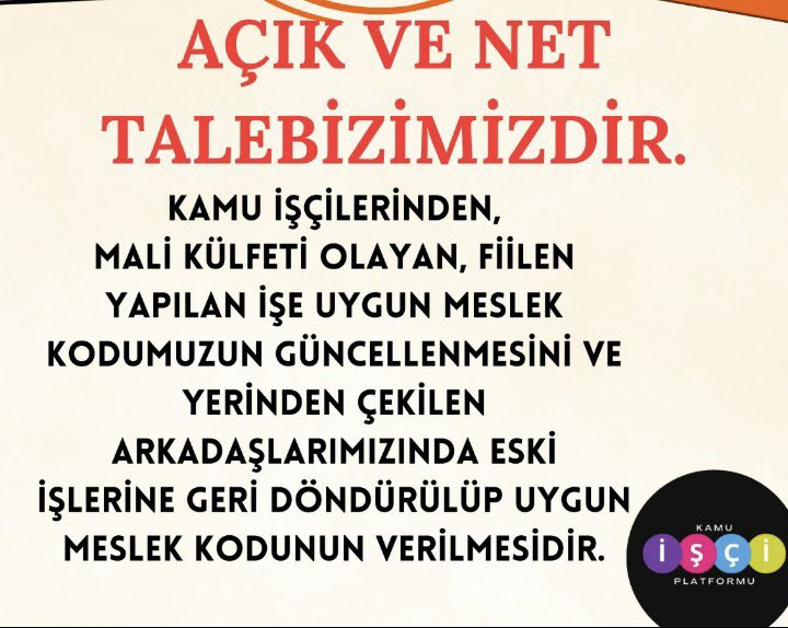 munal05's tweet photo. @eczozgurozel Kamu İşçileri (696 Khk)
*Fiilen Yapılan İşe Uygun MESLEK KODU Güncellenmesi ve
*Tayin Hakkı elzemdir
@RTErdogan 
@isikhanvedat 
@csgbakanligi 
@cgm_csgb 
@ztarikdaroglu 
@MDervisogluTR
@TRombudsman 
@herkesicinCHP
#ToplumsalBeklentiler https://t.co/ab0jQKc5AC