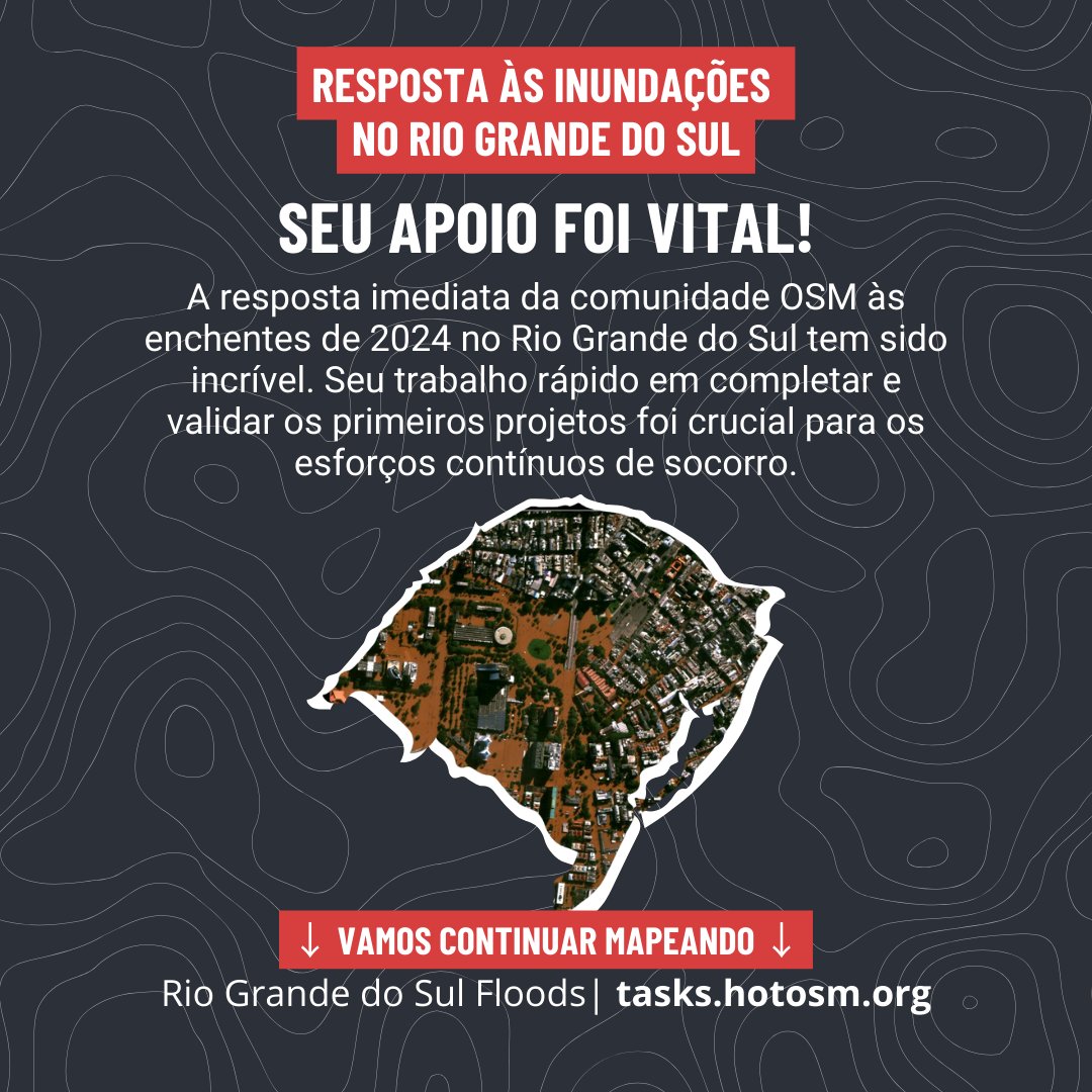 A ação rápida da comunidade #OSM em resposta às enchentes no Rio Grande do Sul em #Brasil foi excepcional! 🇧🇷 A rápida conclusão e validação dos primeiros projetos são cruciais para os esforços de socorro contínuos.

Vamos continuar mapeando e validando → bit.ly/TM-BRRS