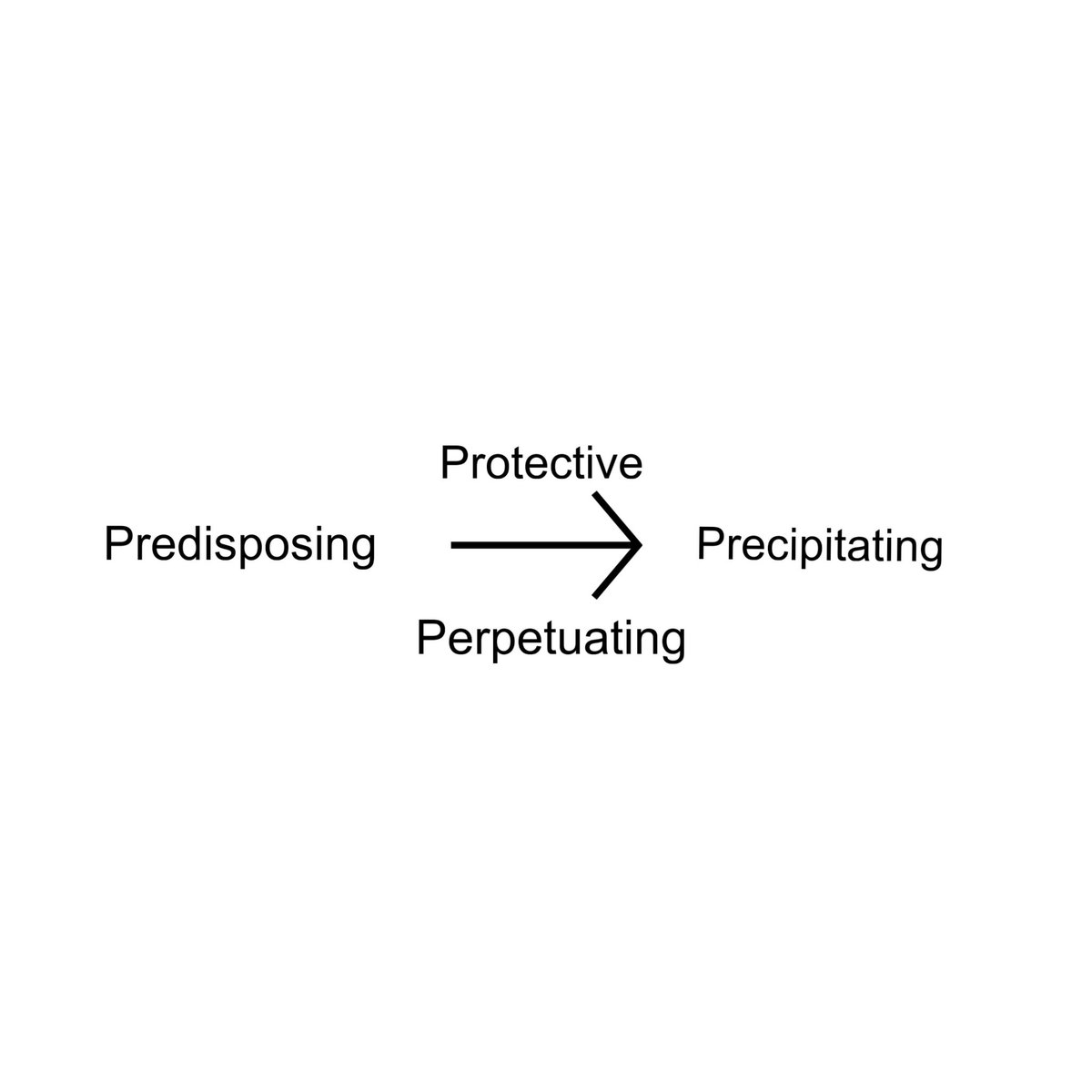 4Ps as Diathesis Stress Model

Predisposing = Diathesis (Vulnerability) 
Precipitating = Stress (Triggers) 
Perpetuating = Reinforces 
Protective = Strengths 

High Protective, Low Perpetuating = Low Precipitation 

Low Protective, High Perpetuating = High Precipitation