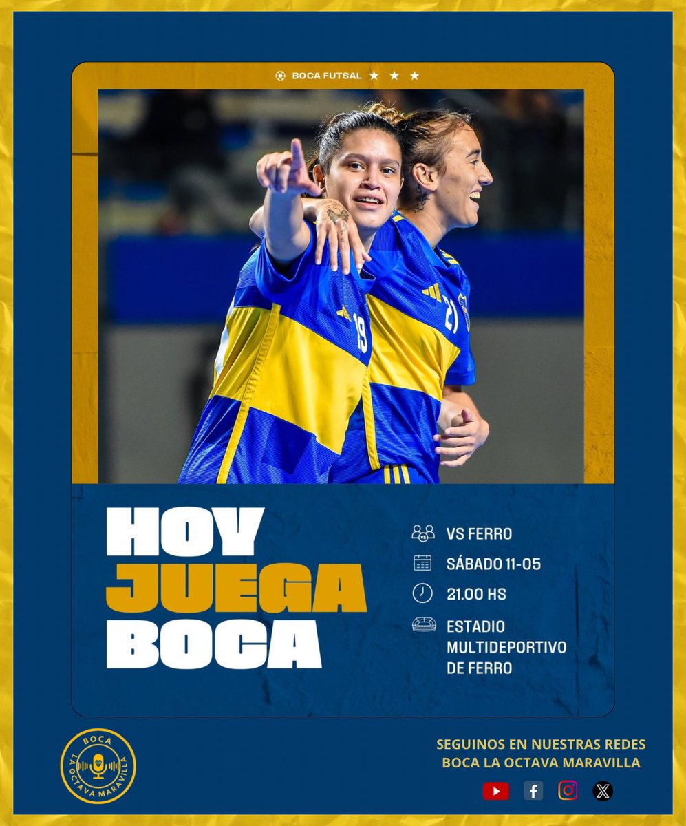 ¡𝗛𝗼𝘆 𝗷𝘂𝗲𝗴𝗮 #𝗕𝗼𝗰𝗮! 💙💛💙

⚽ #FemeninoAFA
🆚 Ferro
🗓 Sábado 11/05
🕘 21:00 hs
🏟 Estadio Multideporte de Ferro 

#DaleBoca 🔵🟡🔵
#BocaFutsal ⚽️
#BocaLaOctavaMaravilla 🎙️