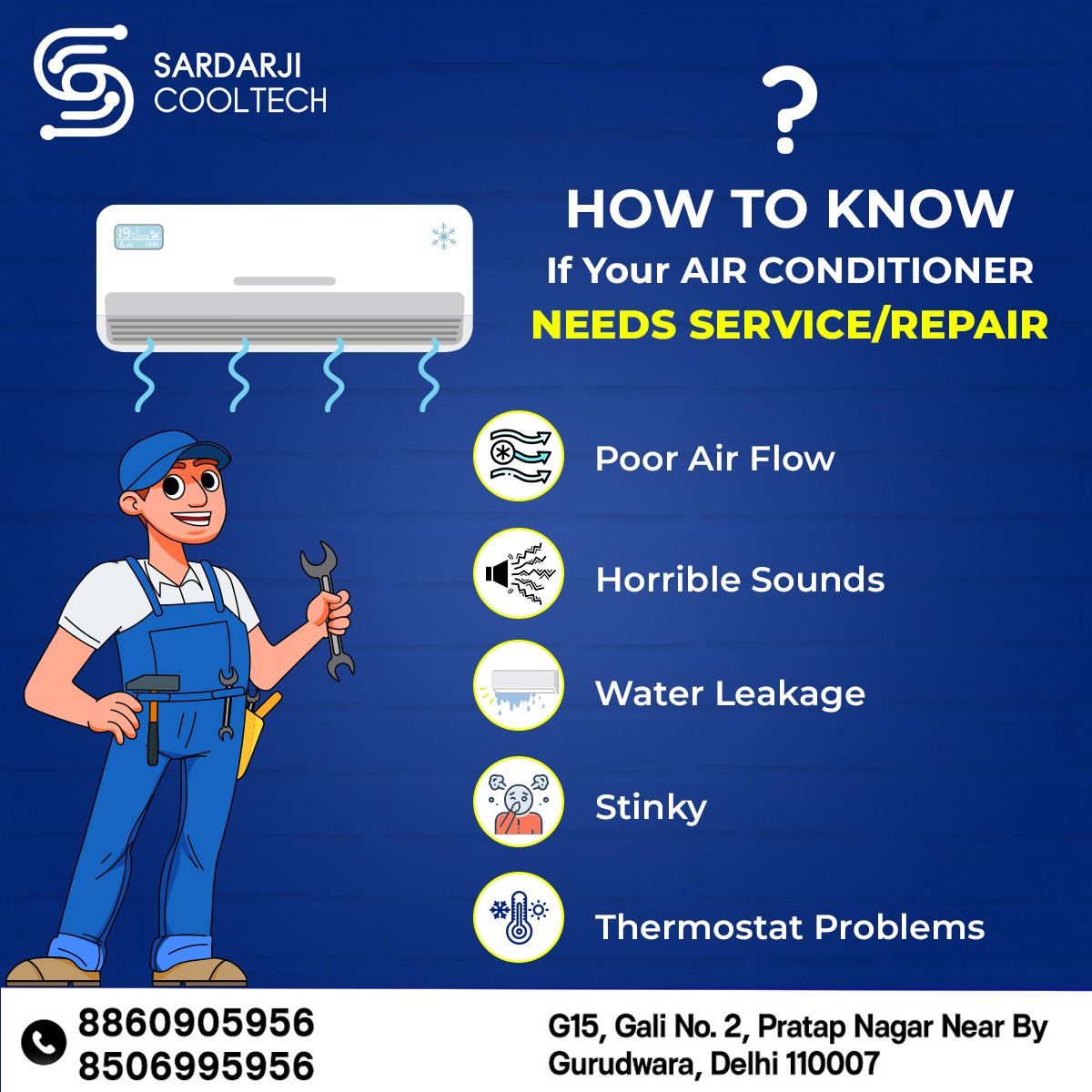 SCooltech's tweet image. Discovering signs that indicate your air conditioner requires service or repair ensures optimal performance and longevity. Stay informed for a comfortable indoor environment.
.
Contact us today! ❄️🔧
.
.
🔖Call Now For More Information 🔖
📞 +91 88609 05956