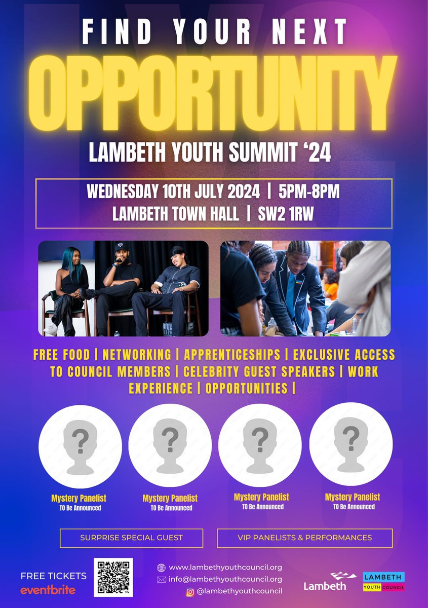 🌟 Lambeth Youth Summit: Book NOW! 🌟 Join on July 10th, 2024, 5-8 PM at Lambeth Town Hall. Enjoy FREE FOOD, networking, apprenticeships, meet council members & celebrity speakers and more! Get FREE TICKETS on Eventbrite! #Opportunity #FutureLeaders #YouthEmpowerment #Network